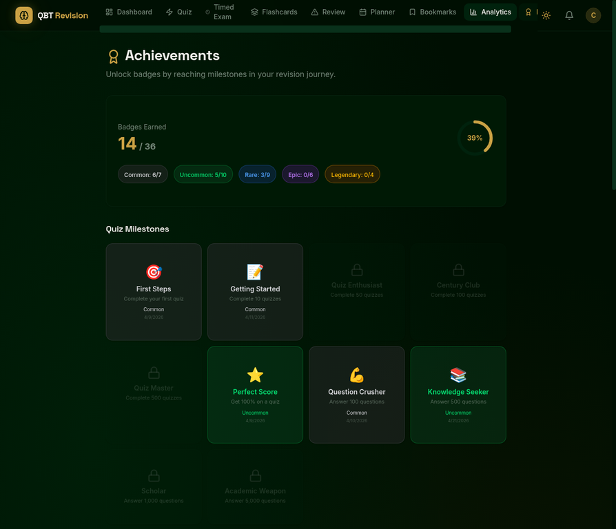 QBT Revision App — Badges: 36 achievement badges across 5 rarity tiers for gamification